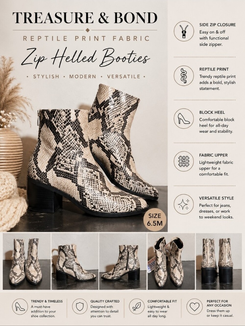 TREASURE & BOND Reptile Print Fabric Zip Helled Booties 6.5M